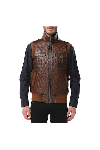 Dericlub Alicante Erkek Kapitone Fermuarlı Hakiki Deri Yelek Camel Antik Camel