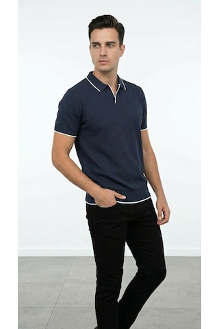 Plus Scorpion Erkek Pike Dokulu Triko Polo Yaka Tişört Slim Fit Şerit Detaylı Yazlık Model Lacivert