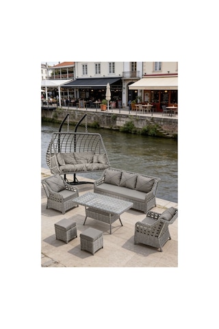 Dora Garden Home Ecem 7 Kişilik Rattan Bahçe Mobilyası Ve 2 Kişilik Rattan Salıncak Seti-açık Gri Siyah Çizgili