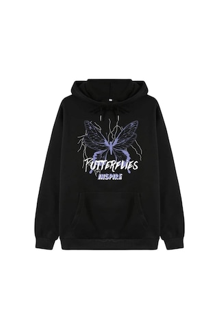 Unisex Siyah Butterfly Baskılı Oversize Kapşonlu Sweatshirt 001