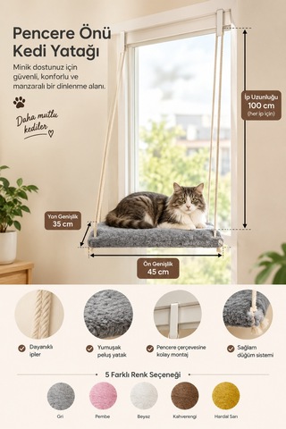 Askılı Kedi Pencere Yatağı - Peluş Kumaşlı Cam Önü Kedi Hamak Yatağı