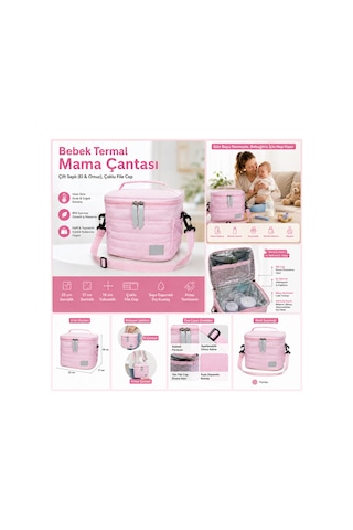 Bebek Termal Mama Çantası Çift Saplı El & Omuz - Çoklu File Cep-342 Pembe
