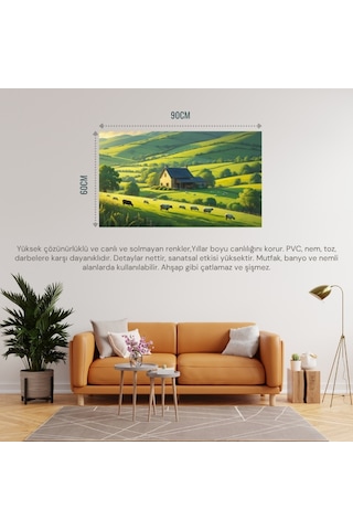Doğa Ve Manzara Yatay Küçük Çiftlik Evi Yeşil Tepeler, Çiçek Açmış Tarlalar Doğa Ve Huzur 03 Çerçevesiz 90x60cm Pvc Tablo
