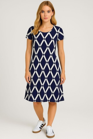 2 Adet Dökümlü Rahat Kalıp Günlük Penye Kumaş Elbise Lacivert - Krem