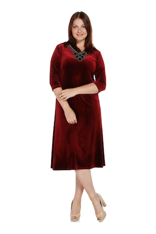 Nidya Moda Büyük Beden Golden Çiçek Elbise-4075B Bordo