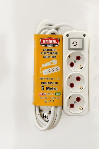 Cihaz Koruma Uzun Kablolu Elektrik Çoğaltıcı Amiral 3' Lü Topraklı Anahtarlı 5 Metre Grup Priz 5 M