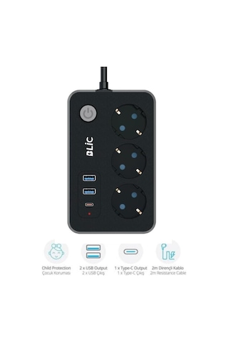 Çeşithane Blic Kablolu 3 Lü Priz Ve Usb Şarj İstasyonu 2 Usb + 1 Type-c Çıkışlı Termal Akım Ve Ç 2