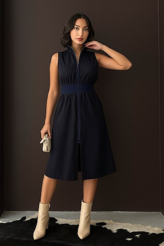 Kadın Dik Yaka Önü Fermuarlı Yırtmaçlı Baharlık Yazlık Beli Lastikli Şık Ceket Elbise Siyah