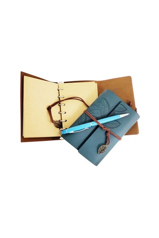 Ahşap Kutulu Mavi Deri Defter Kalem Seti 1 Adet
