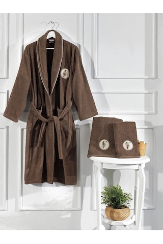 Finezza Troya %100 Pamuk Biyeli Nakışlı Kahverengi Bornoz Seti 3 Kahverengi