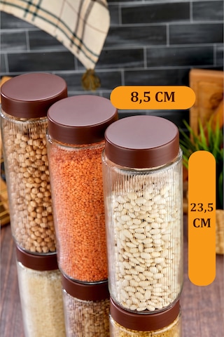 6'lı Plastik Kapaklı Cam Kavanoz Erzak Bakliyat Saklama Kabı Seti 1350 Ml Cam - Şeffaf