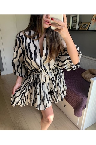 Lava Design Zebra Desenli Kemerli Zra Elbise siyah