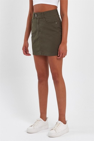 Kadın Çift Düğmeli Mini Kot Etek Haki-haki Haki