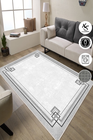 Modern Çerçeve Desenli Baskılı Kaymaz Yıkanabilir Salon Oturma Odası Mutfak Yatak Odası Halısı Yolluk gri