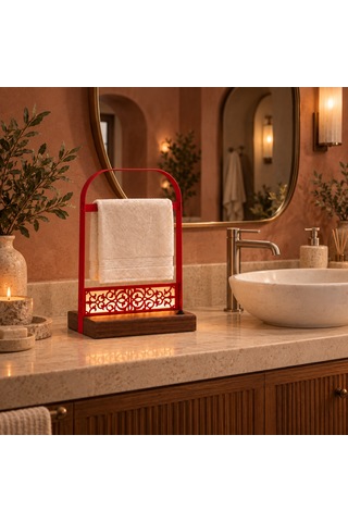 Pilli Led Işıklı El Havluluğu, Ahşap Tabanlı Ayaklı Banyo Havlu Standı Kırmızı