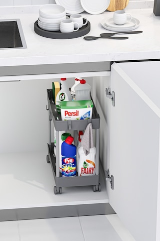 2 Adet Gri 2 Katlı Tekerlekli Düzenleyici Mutfak Ve Banyo Rafı