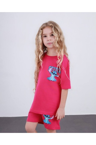 Miniko Kids Kız Çocuk Stitch Modelli Pamul Şortlu Takım Fuşya