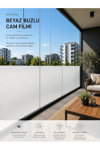 Deconitte Statik Düz Beyaz Buzlu Cam Filmi 60x100 Cm Yapışkansız Mahremiyet Sağlayan Dekoratif Cam Kaplama, Kumlama