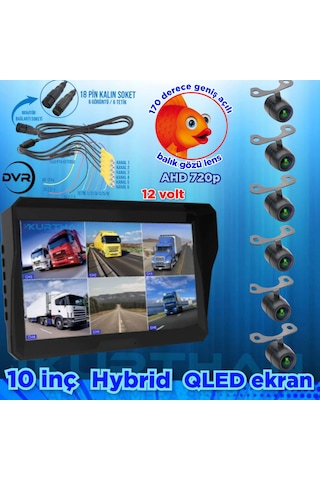 Ledsiz 6 Adet Ahd 720p Balık Gözü Kelebek Kamera 6 Kanallı 10'' Hybrid Dvr Monitör 12 V 256 Gb