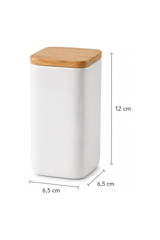 12'li 300 Ml Bambu Stantlı Vakumlu Ahşap Kapaklı Porselen Görünümlü Akrilik Baharatlık Kaşık Etiket Şeffaf