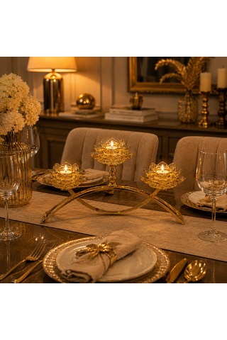 Altın Lotus 3 Saplı Kristal Cam Mumluk Dekoratif Şamdan Amber - Gold