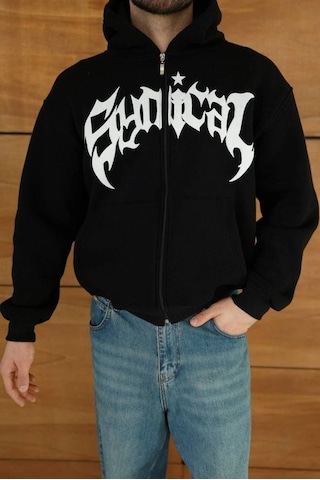 Mbb E-ticaret Erkek Kapüşonlu 3 İplik Şardonlu Önü Baskılı Fermuarlı Oversize Sweatshirt - Siyah