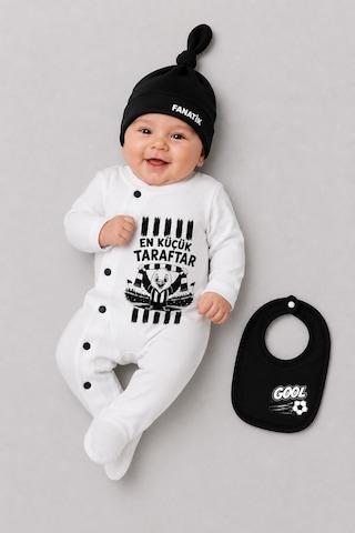 Babyden's Siyah Beyaz En Küçük Taraftar 3'lü Bebek Tulum Seti Futbol Temalı Şapkalı Önlüklü Yenidoğan Tulum Seti Siyah - Beyaz