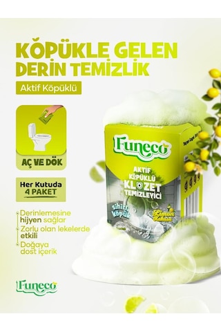 Funeco Tuvalet Klozet Temizleyici Aktif Köpük Doğa Dostu 4 Paket 300g Aylık Kullanım Limon Ferahlığı