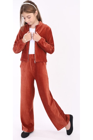 Toontoy Kız Çocuk 2'li Takım Dik Yaka Fermuarlı Sweatshirt & Beli Lastikli Cepli Bol Paça Eşofman Altı - Kadife Kiremit