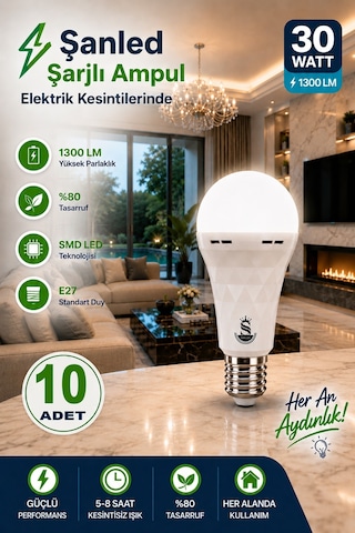 Şarjlı Akülü 30w Beyaz Işık Led Ampul 10 Adet 10 Adet