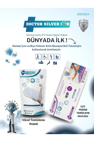 Doctor Silver Ion Gümüş İyonlu Hasta Hijyen Vücut Temizleme Kesesi + Perine Islak Mendili 12'li Doctor Silver Ion Gümüş İyonlu Hasta Hijyen Vücut Temizleme Kesesi + Perine Islak Mendili 12'li