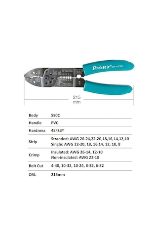Proskit Cp-413g Çok İşlevli Kablo Soyucu, Kesici, Terminal Sıkma Pensesi