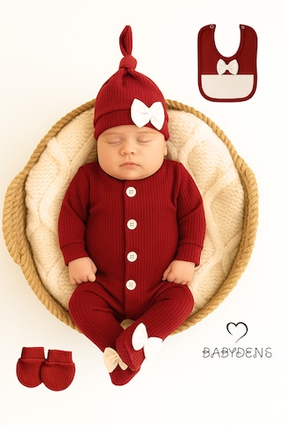 Babyden's 4 'lü Kız Bebek Fitilli Yenidoğan Bebek Tulum Seti %100 Pamuklu Hastane Çıkışı Bordo