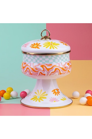 EMAYlab RETRO HİPPİ 14 x 13 cm Dekoratif Emaye Kapaklı Şekerlik,
