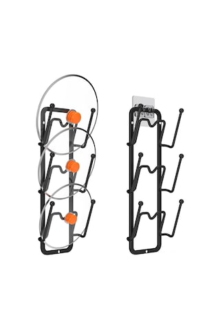 Vkemall Çiftlü Demir Tencere Kapağı Rafı, Duvar/kapı Montajlı, Yapıştırıcı/delme Kurulum, Mutfak Dolapı Organizatörü, Boşluk Tasarrufu Sağlar Siyah