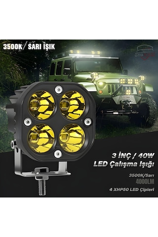 3 İnç 40w Led Çalışma Işığı 3500k Sarı Işık 4000lm 4 Xhp50 Led Çipli 2 Adet