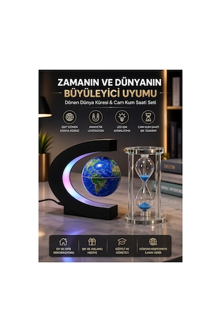 Led Işıklı Manyetik Havada Dönen Dünya Küresi Ve Kum Saati Dekoratif Ofis Masaüstü Hediye Seti Biblo