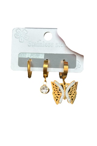 Üçlü Kelebek Sallantılı Taşlı Çelik Küpe Altın