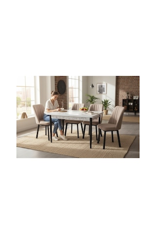 Efe Mobilya T-6029 Carara 70x120 Mdf Kare Gold Cappuccino Sandalye 4 Kişilik Mutfak Masası Takımı Cappucino