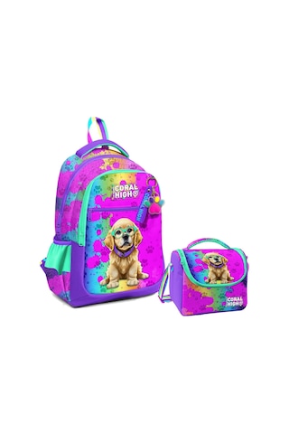 Coral High Üç Gözlü İlkokul Çantası ve Beslenme Çantası - Mor Pembe Köpek Desenli - Kız Çocuk