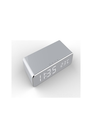 Padalink Gümüş Yansıtmali Led Dijital Zamanlayıcı, Sıcaklık Ölçer Ve Kablosuz Şarj Cihazı - Masaüstü Çok Fonksiyonlu Alet