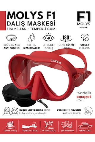 Molys F1 Pro Dalış Maskesi + Antı Fog Buğu Önleyici Film + Dalış Maskesi Kutusu Küçük Yüz Yapısı İçin İdeal Kırmızı