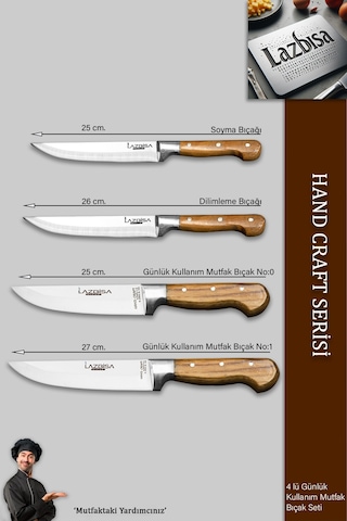 Lazbisa Mtf-036 Hand Craft Mutfak Bıçak Seti Et Ekmek Sebze Bıçağı 4 Lü Set Günlük Kullanım Kahverengi