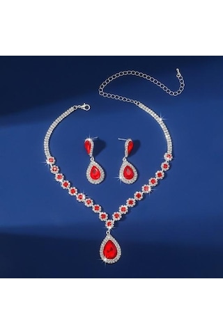2 Adet/takım Kadınlar Düğün Takısı Seti Su Damlası Şekli Parlayan Sahte Kristal Gerdanlık Kolye Dangle Küpe Seti Kırmızı