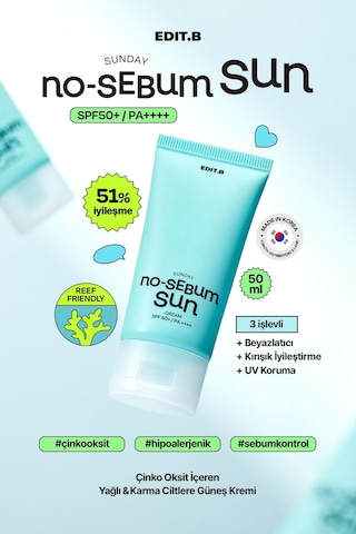 Edıtb Yağlanma ve Gözenek Karşıtı Nemlendirici Fiziksel Güneş Kremi EDIT.B No Sebum Sun Cream SPF50+PA++++
