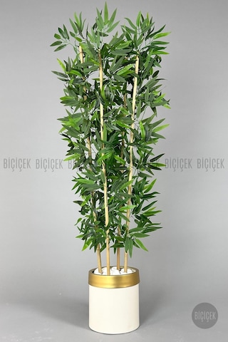 Biçiçek Yapay Bambu Ağacı 140cm Krem Gold Metal Saksıda