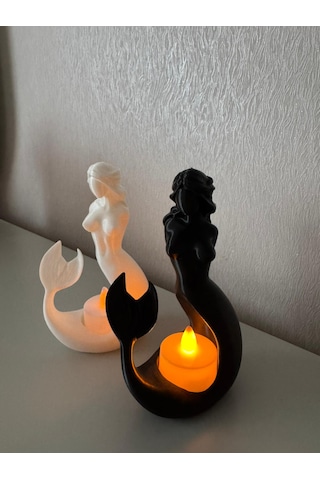 Deniz Kızı Tealight Mumluk 2 Li Siyah Beyaz Dekoratif Figür Ev Ofis Masaüstü Aksesuarı