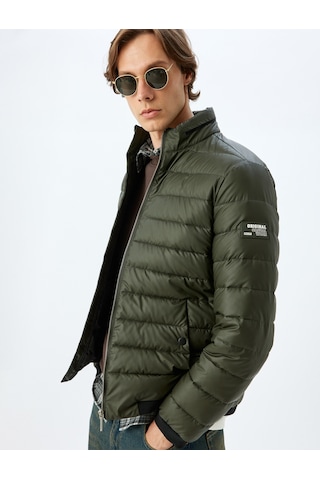 Koton Dik Yaka Etiket Detaylı Lateks Kumaş Slim Fit Şişme Ceket Haki 5wam20029hw Haki