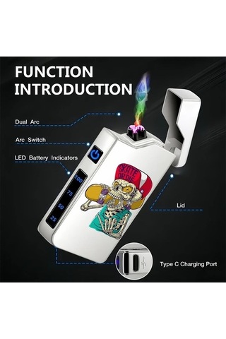 Trendooze 1 Adet Rüzgar Geçirmez Dijital Ekranlı Usb Şarjlı Çift Arklı Çakmak - Silvery Gümüşi Gümüş