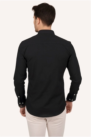 Erkek Siyah Yaka Düğmeli Keten Slimfit Kutulu Gömlek Siyah